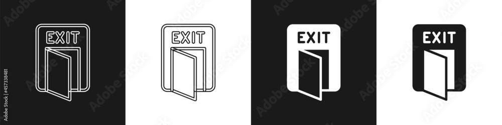Set Fire exit icon isolated on black and white background. Fire emergency icon. Vector Set Fire exit icon isolated on black and white background. Fire emergency icon. Vector