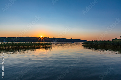 Jezioro Mikołajskie, zachód słońca, statek Chopin