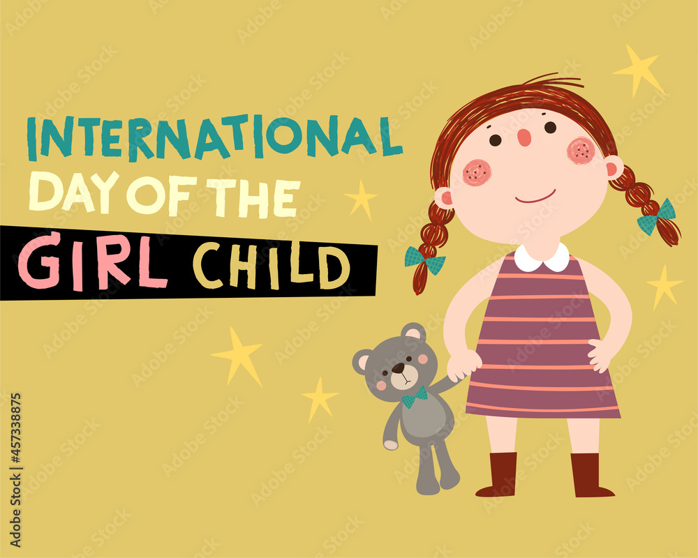 International Day of the girl child background with a little girl and her teddy bear. International Day of the girl child background with a little girl and her teddy bear.