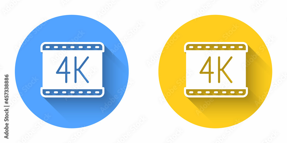 White 4k movie, tape, frame icon isolated with long shadow background. Circle button. Vector White 4k movie, tape, frame icon isolated with long shadow background. Circle button. Vector