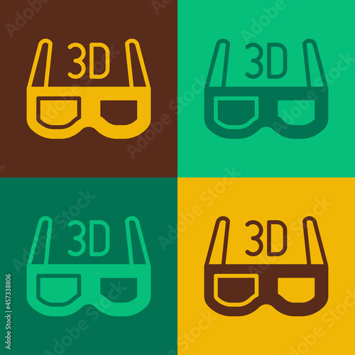 Pop art 3D cinema glasses icon isolated on color background. Vector