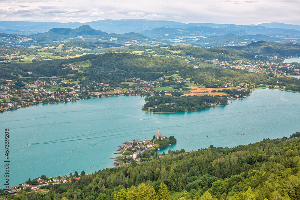 Aerial view to Worthersee lake in Austria, summertime travel des