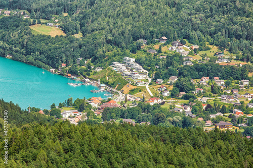Aerial view to surroundings of Worthersee lake in Austria, summe