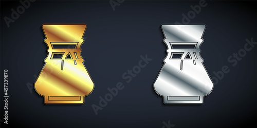 Gold and silver Pour over coffee maker icon isolated on black background. Alternative methods of brewing coffee. Coffee culture. Long shadow style. Vector
