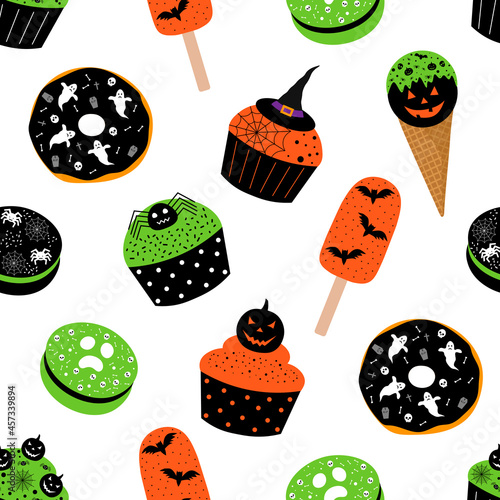 Seamless pattern halloween dessert cupcakes donuts ice cream vector illustration