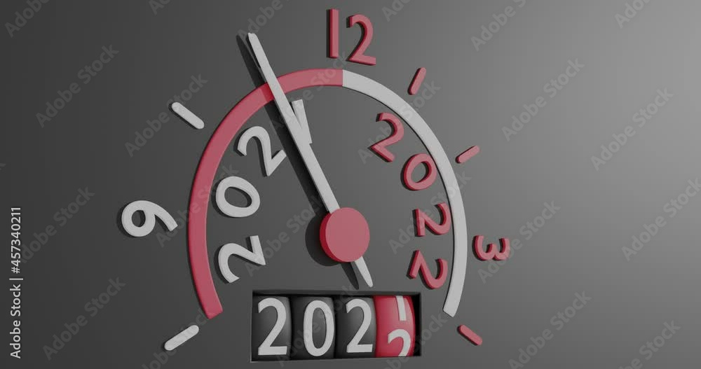 Speedo needle on dashboard creeps up making semicircle along dial to twelve o'clock mark of midnight, speedometer cylinders rotating number of year 2021 to 2022. Concept: Eve of New year date change. Speedo needle on dashboard creeps up making semicircle along dial to twelve o'clock mark of midnight, speedometer cylinders rotating number of year 2021 to 2022. Concept: Eve of New year date change.
