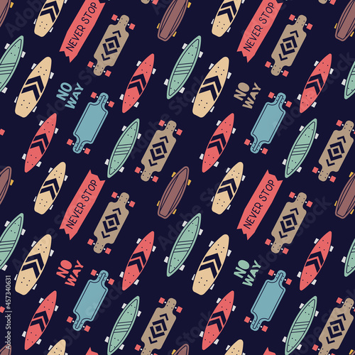 Vector Skateboarding Seamless Pattern with Skateboard. Illustration of Different Wooden Skate Board. Flat Style Design of Skate Color Background