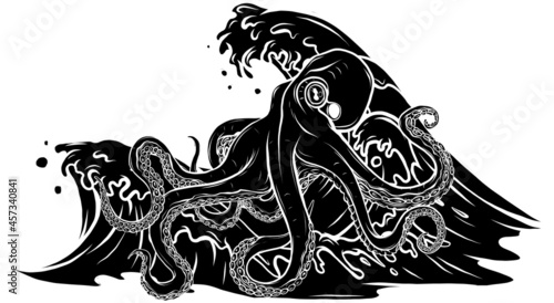 vector illustration of silhouette octopus in waves. photo