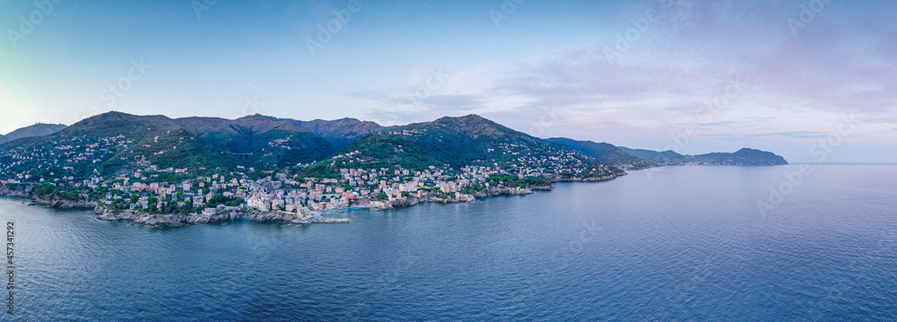 Sunset over the mediterranean sea.  Italy. The town of  Liguria. Aerial view.