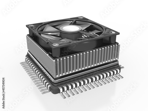 3d Microchip, Prozessor, CPU mit Lüfter und Kühlung, isoliert photo