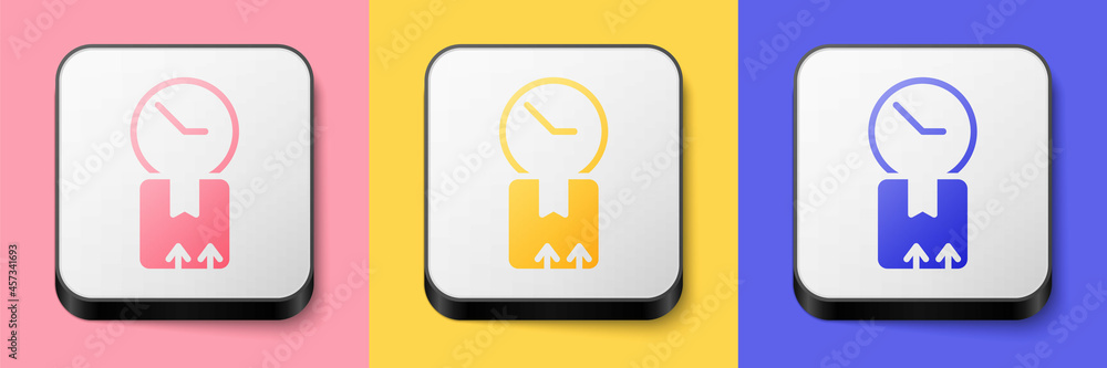 Isometric Carton cardboard box and fast time delivery icon isolated on pink, yellow and blue background. Box, package, parcel sign. Delivery and packaging. Square button. Vector Isometric Carton cardboard box and fast time delivery icon isolated on pink, yellow and blue background. Box, package, parcel sign. Delivery and packaging. Square button. Vector