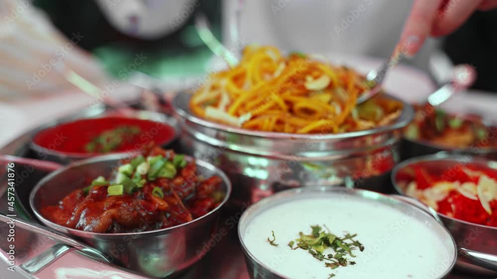 Meat thali served in a restaurant. Meat thali served in a restaurant.