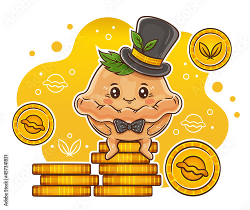 Cute dumpling or pelmen businessman, dough bun in gentleman hat sitting on pile gold coins. Ravioli or rich baker food character.  Cash profit, win money, wealth. Steamed dish with filling. Vector