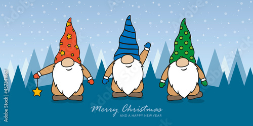 christmas greeting card with cute christmas dwarf and snowy landscape