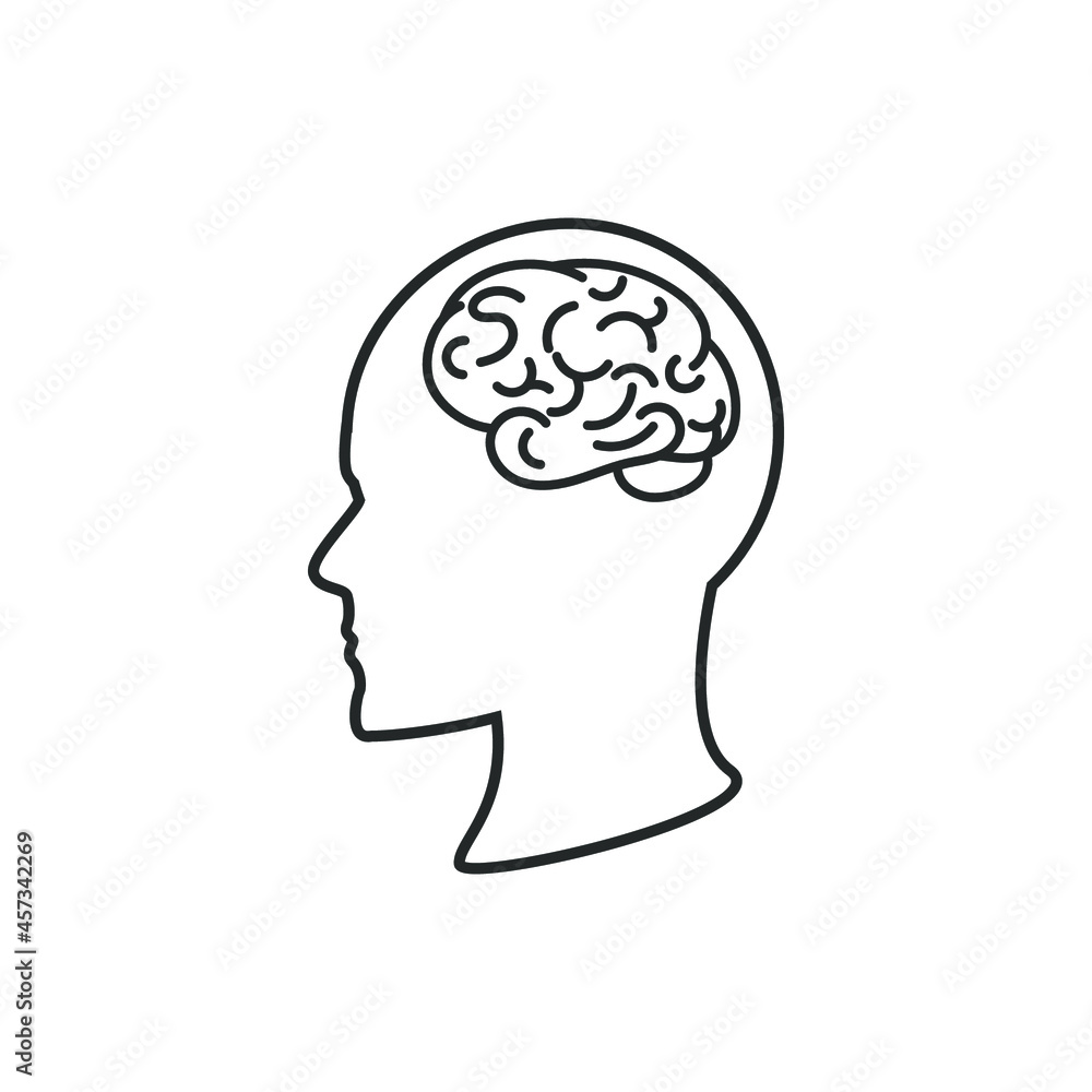 Vector Human Brain in Head Outline Illustration, Face Profile Silhouette, Black Line Art Isolated on White Background. Vector Human Brain in Head Outline Illustration, Face Profile Silhouette, Black Line Art Isolated on White Background.