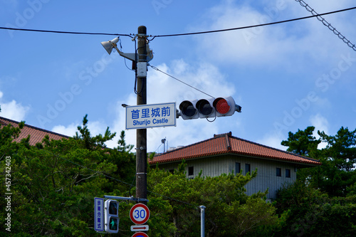 Traffic light on the road in front of Shurijo castle.