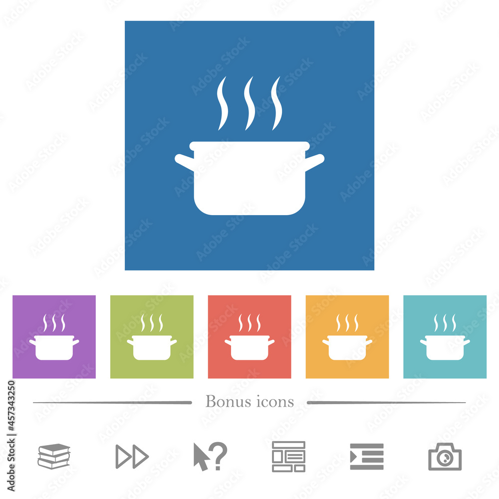 Steaming pot flat white icons in square backgrounds Steaming pot flat white icons in square backgrounds