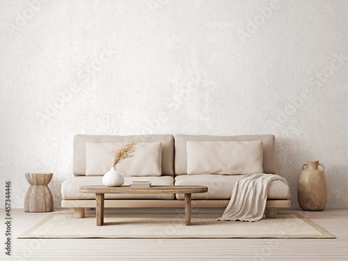 Warm neutral wabi-sabi style interior mockup with low sofa, jute rug, ceramic jug, side table and dried grass decoration on empty concrete wall background. 3d rendering, illustration.