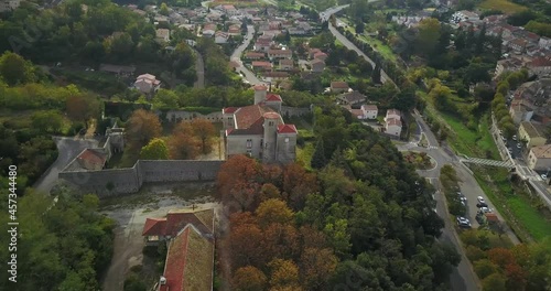 Aerial circular orbit over a restored monastery in Europe, catholism photo