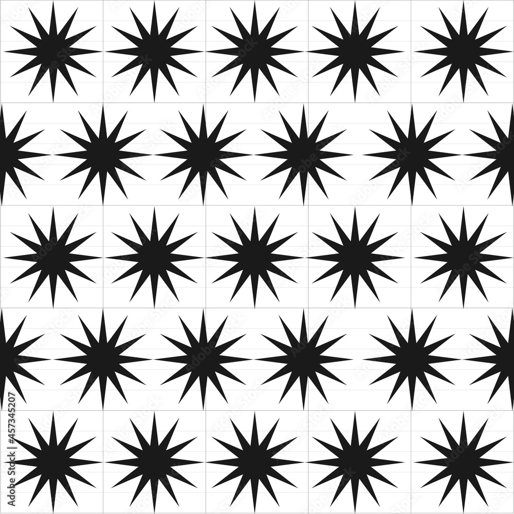 Repeating pattern of black stars of 12 rays on squares and stripes on a white background for printing on paper and textiles Repeating pattern of black stars of 12 rays on squares and stripes on a white background for printing on paper and textiles