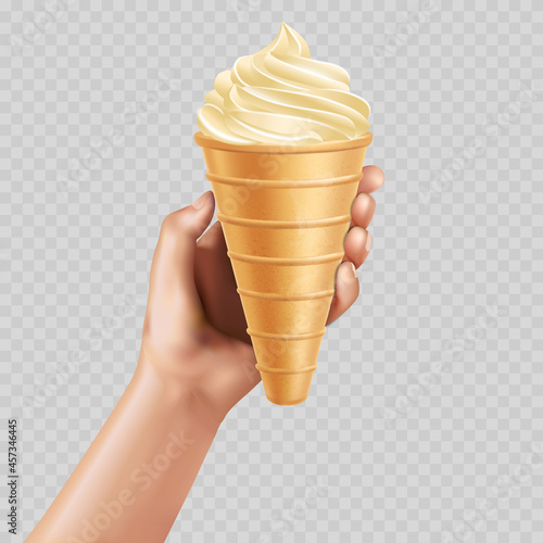 Hand with ice cream on a transparent background. Vector mockup.