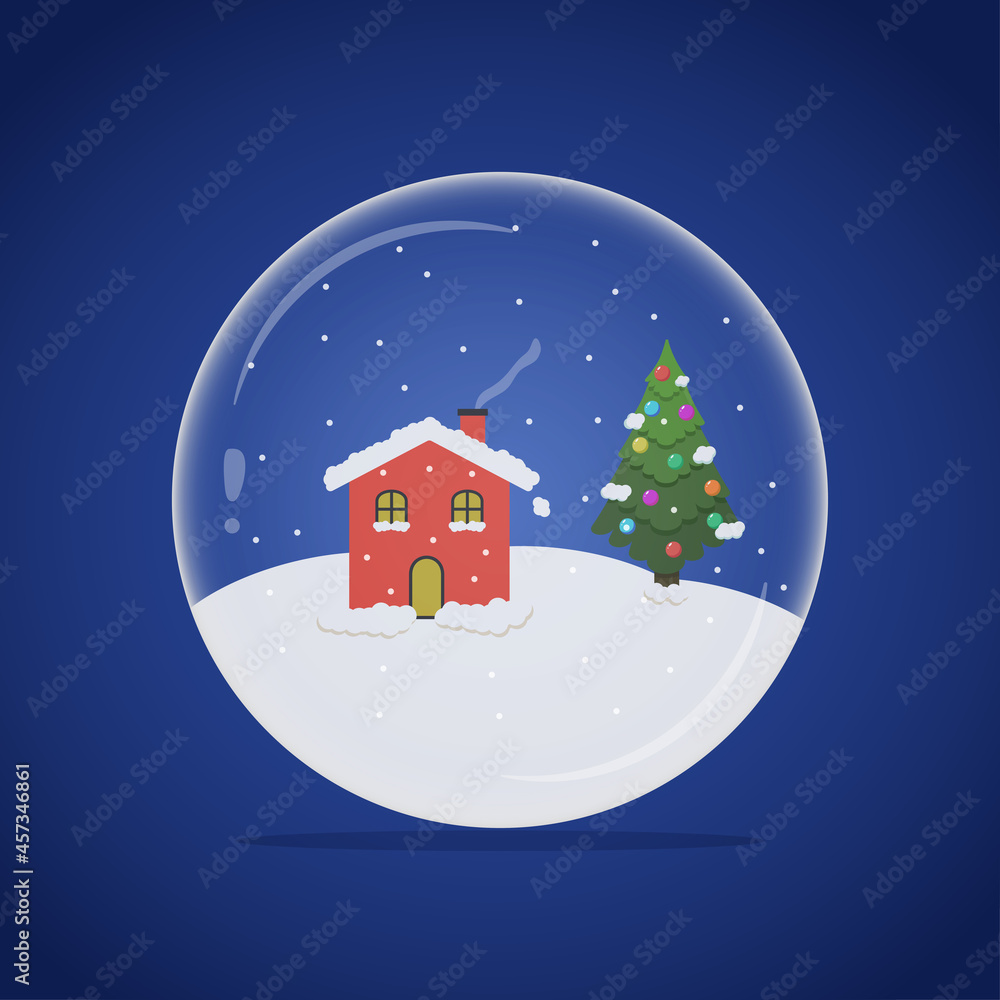 Winter glass ball. House and fir tree inside a glass ball. Home decoration. Christmas illustration. Happy New Year. Winter glass ball. House and fir tree inside a glass ball. Home decoration. Christmas illustration. Happy New Year.