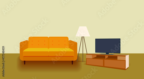 Vector Empty Room with Sofa and TV, Cartoon Illustration Background Template, Yellow Sofa.