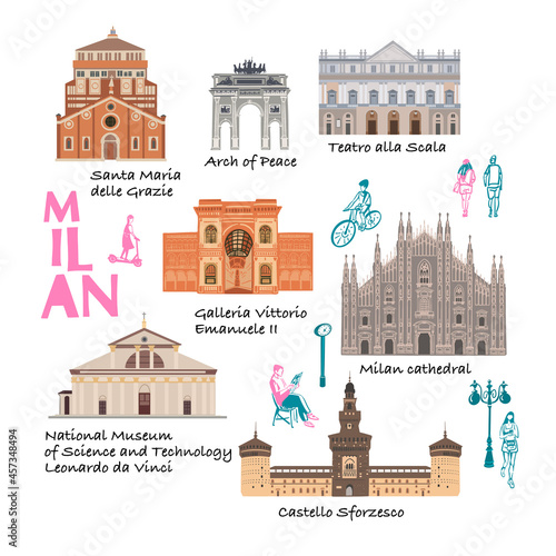 Milan buildings of world famous places. Italy. Cartoon doodle art for design. Traditional symbols full color vector illustration.