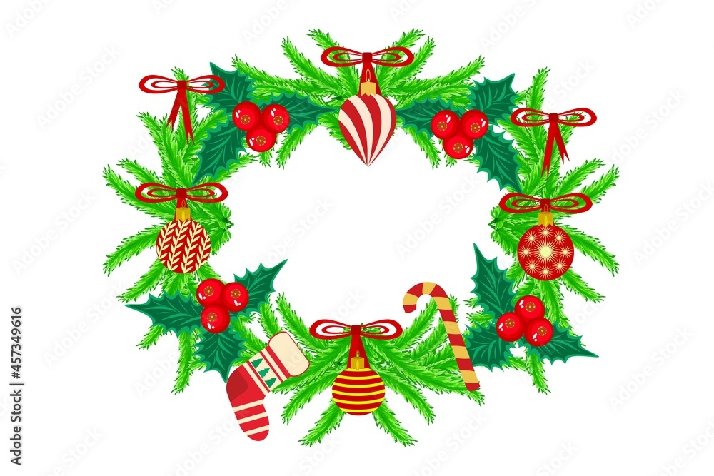 Festive wreath for christmas and new year, bright illustration of fir branches, toys, balls, other decorations on a white background for design and print Festive wreath for christmas and new year, bright illustration of fir branches, toys, balls, other decorations on a white background for design and print
