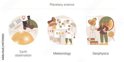 Planetary science abstract concept vector illustration set. Earth observation, meteorology and geophysics, satellite service, met station, weather prediction, space engineering abstract metaphor.