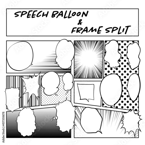 モノクロ線画の漫画風コマ割りと吹き出しと効果背景