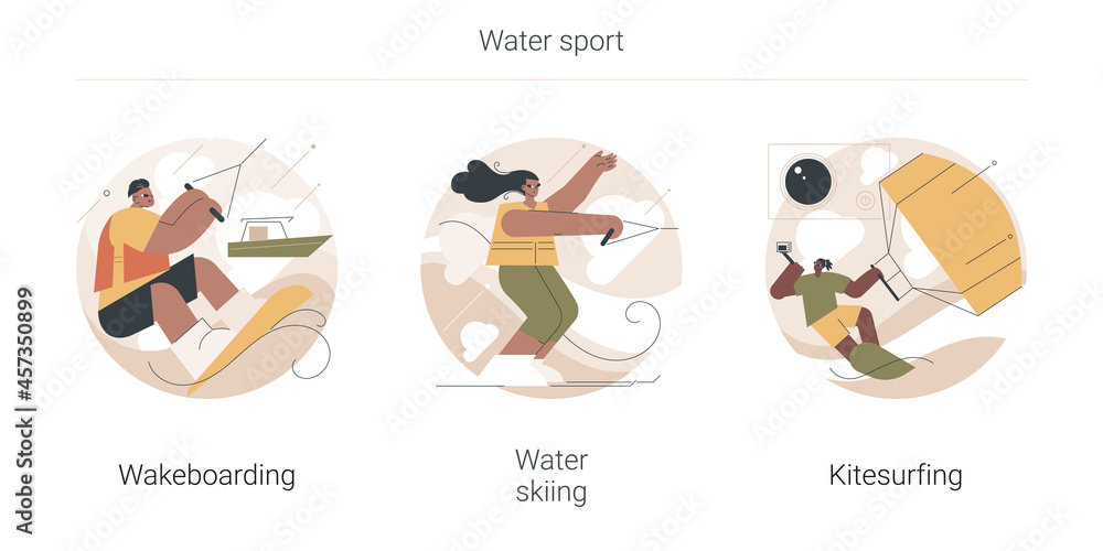 Water sport abstract concept vector illustration set. Wakeboarding, water skiing and kitesurfing, active lifestyle, ski jump, summer adventure, extreme sport, boat cable, parachute abstract metaphor.