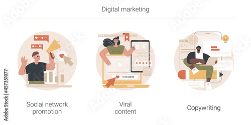 Digital marketing abstract concept vector illustration set. Social network promotion, viral content, content copywriting, comment and share, followers high engagement, Internet meme abstract metaphor.