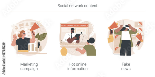 Social network content abstract concept vector illustration set. Marketing campaign, hot online information, fake news, target audience in social media, spreading rumors online abstract metaphor.