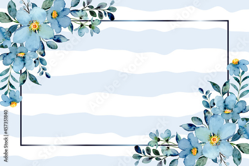 Blue green floral frame with watercolor on wave background