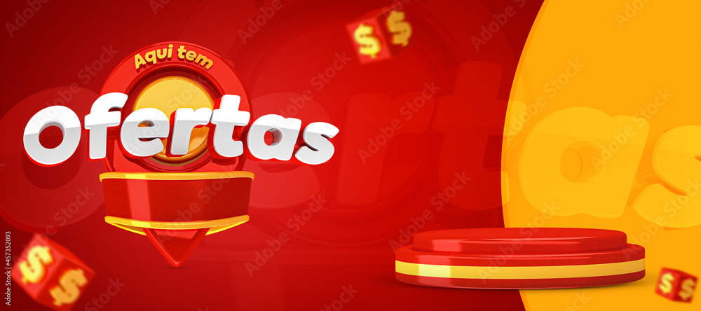 Fototapeta premium Here Have Offers banner template for Social Media. Aqui tem ofertas means here have offers in brazilian portuguese