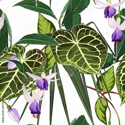 Violet bell flowers. Seamless floral pattern with violet glossy flowers and anthurium and palm leaves. Tropical pattern on a white background. 