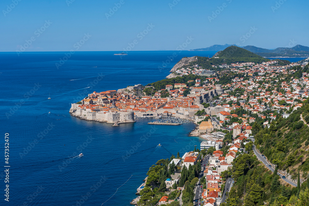 Aerial view of the old town Dubrovnik, blue sea and mountains, Croatia Aerial view of the old town Dubrovnik, blue sea and mountains, Croatia