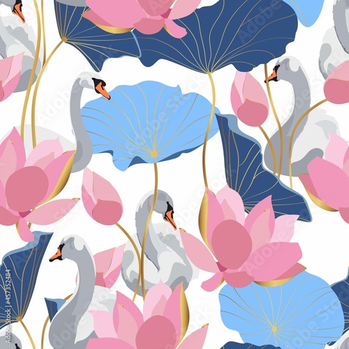 Beautiful seamless pattern with white swans and Japanese lotus water lily flowers illustration.