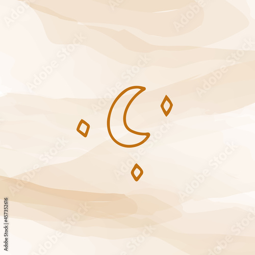 Desert landscape with crescent moon and sparkles. Sand dunes or hills on beige background. Vector illustration. 