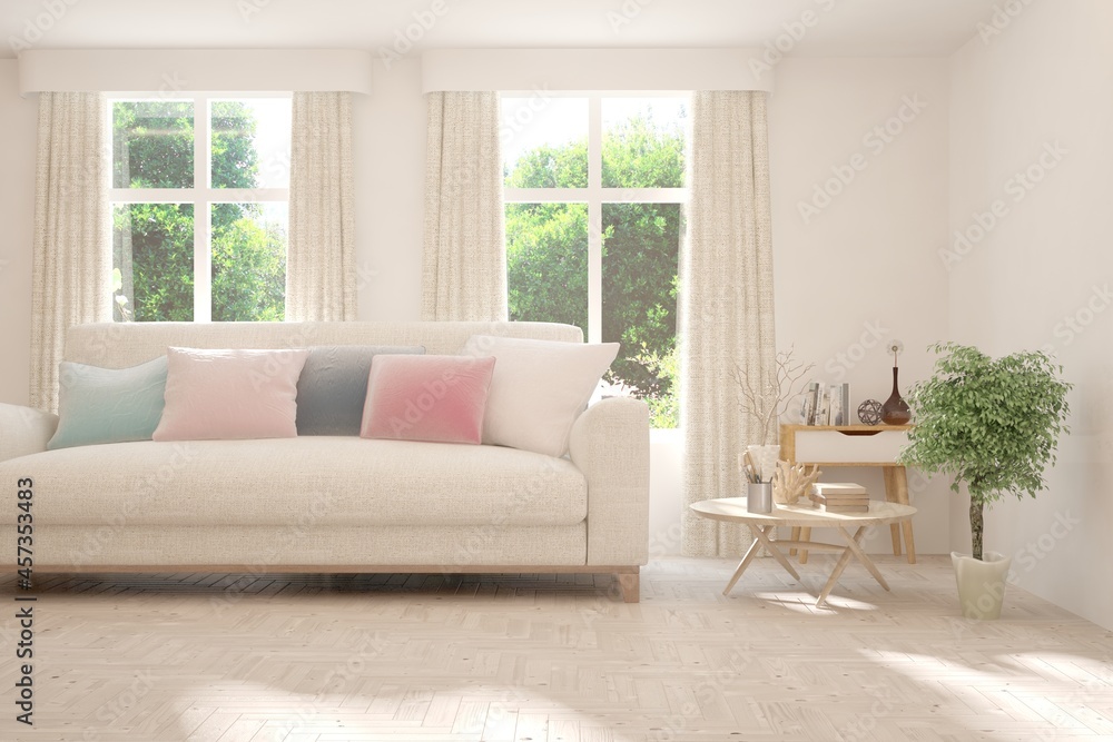 Fototapeta premium White living room with sofa and summer landscape in window. Scandinavian interior design. 3D illustration