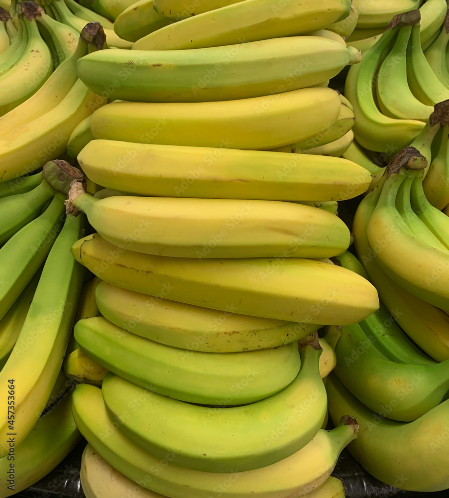 Bunch of unripe bananas on display at local supermarket.
