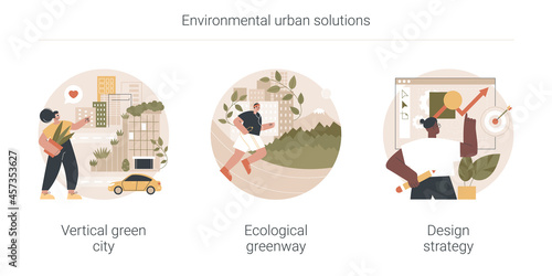 Environmental urban solutions abstract concept vector illustration set. Vertical green city, ecological greenway, design strategy, space-saving eco solution, landscape ecology abstract metaphor.