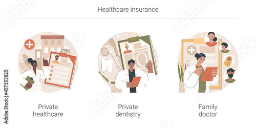 Healthcare insurance abstract concept vector illustration set. Private healthcare and dentistry, family doctor, emergency medical services, clinic facility, physician appointment abstract metaphor.