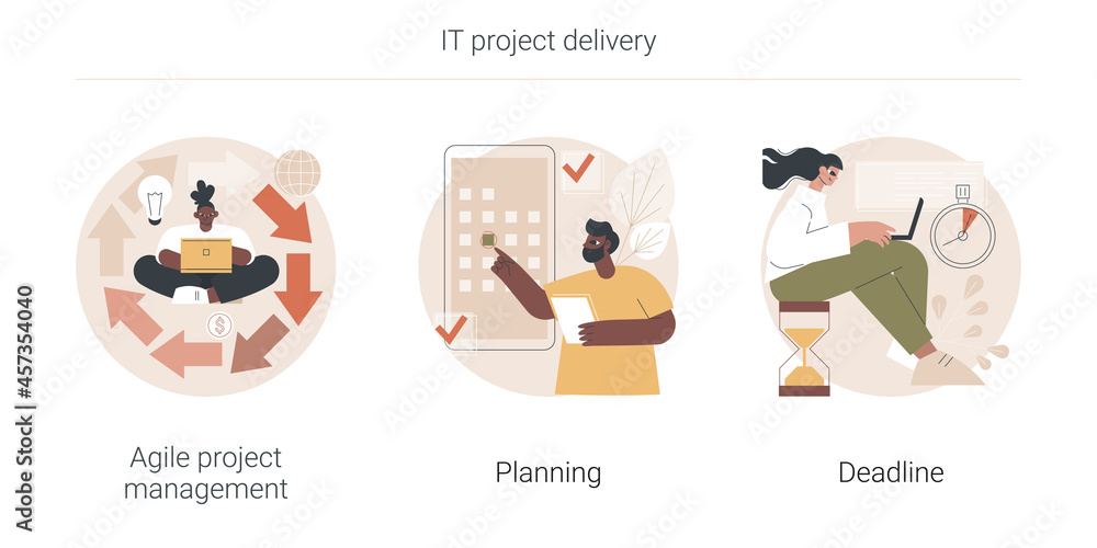 IT project delivery abstract concept vector illustration set. Agile project management, planning and deadline, software development, scrum workflow, problem solving, work time abstract metaphor.
