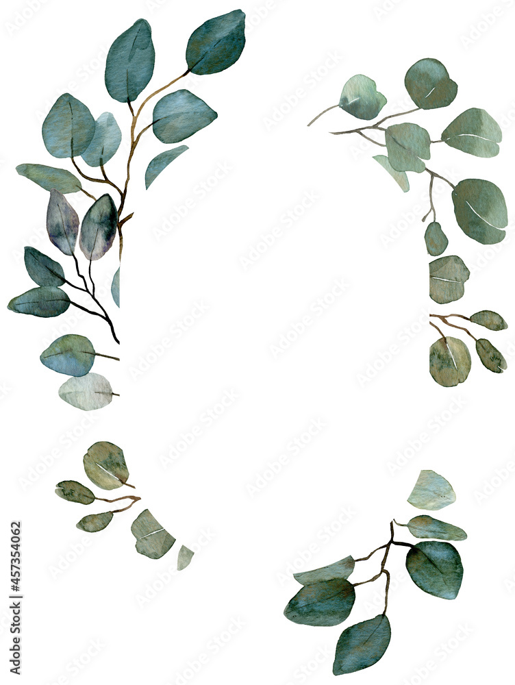 Summer greenery wreath. Eucalyptus, spring greenery frame. Wedding floral invitation frame. Watercolor vintage frame.