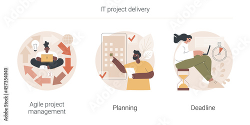 IT project delivery abstract concept vector illustration set. Agile project management, planning and deadline, software development, scrum workflow, problem solving, work time abstract metaphor.