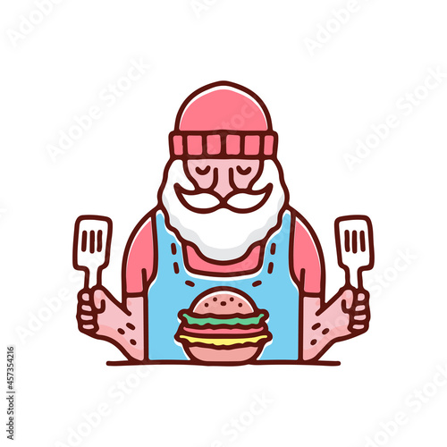 Cool bearded old man with beanie ready to eat burger illustration. Vector graphics for t-shirt prints and other uses.