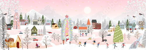 Winter landscape at night with people having fun doing outdoor activities on new year,Christmas day in village with people celebration, kid playing ice skates, teenagers skiing with snow falling