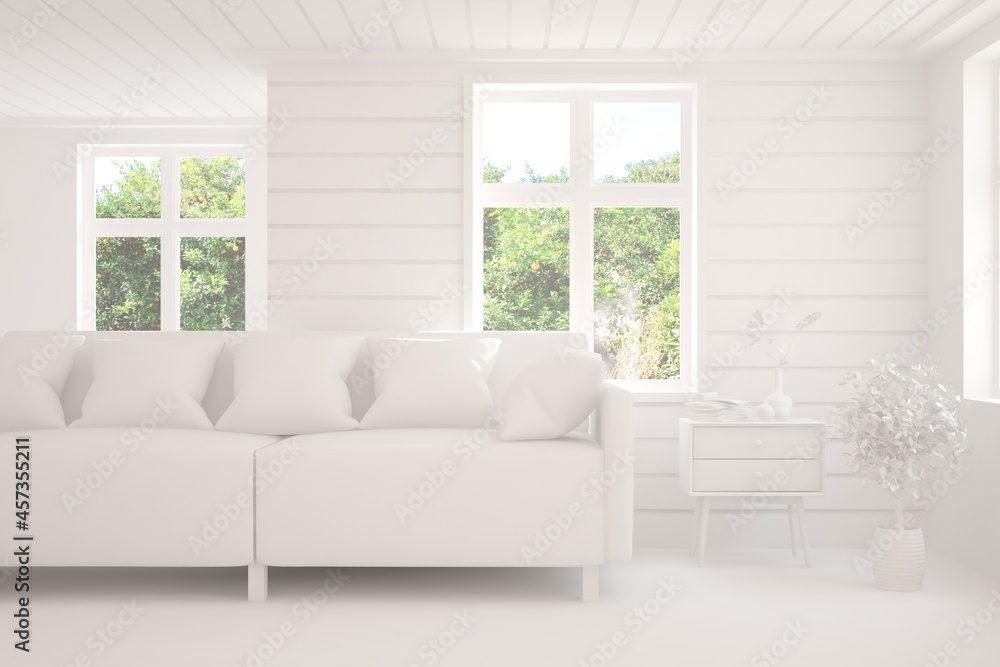 Mock up of stylish room in white color with sofa and green landscape in window. Scandinavian interior design. 3D illustration Mock up of stylish room in white color with sofa and green landscape in window. Scandinavian interior design. 3D illustration